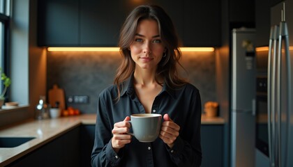 Woman in modern kitchen enjoys a warm beverage, showcasing tranquility and a moment of personal relaxation in a stylish setting.