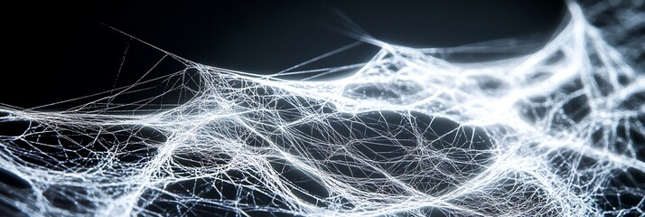 Magnified image of intricate spider silk threads illuminated with white backlight.