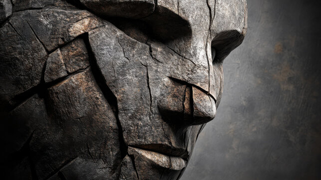 A close-up shot of a single abstract stone bust with strong angular features, rough texture, and earthy tones