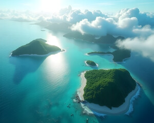 Aerial View of Scattered Islands: A breathtaking aerial view from a high vantage point, looking down on scattered tropical islands surrounded by turquoise waters, with soft clouds drifting above.