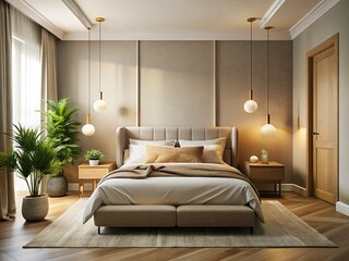 Minimalist Bedroom Interior: Soft Lighting, Cozy Bed, Branding Space