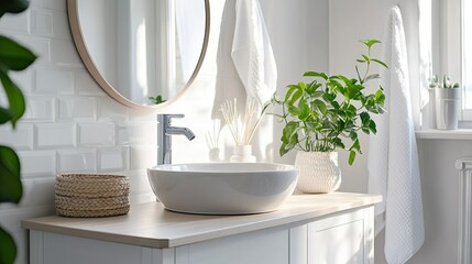 A bright, airy bathroom with a vintage sink and round mirror, adding a classic touch to the modern space