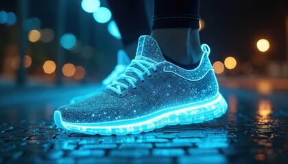 Close-up of blue sport running shoe with glow effects on pavement. Hi-tech sneakers for fitness, workout, exercise, balance routine, marathon training, wellness and health tracking.