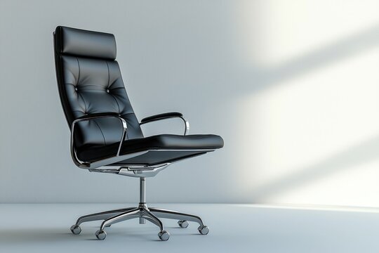 A modern black leather office chair positioned against a pure white background, featuring a minimalist and ergonomic design with sleek armrests and a swivel base.
