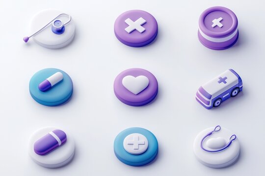 A modern icon set featuring healthcare elements: stethoscopes, doctors, ambulances, and telemedicine. Clean, minimalistic design for professional medical interfaces.