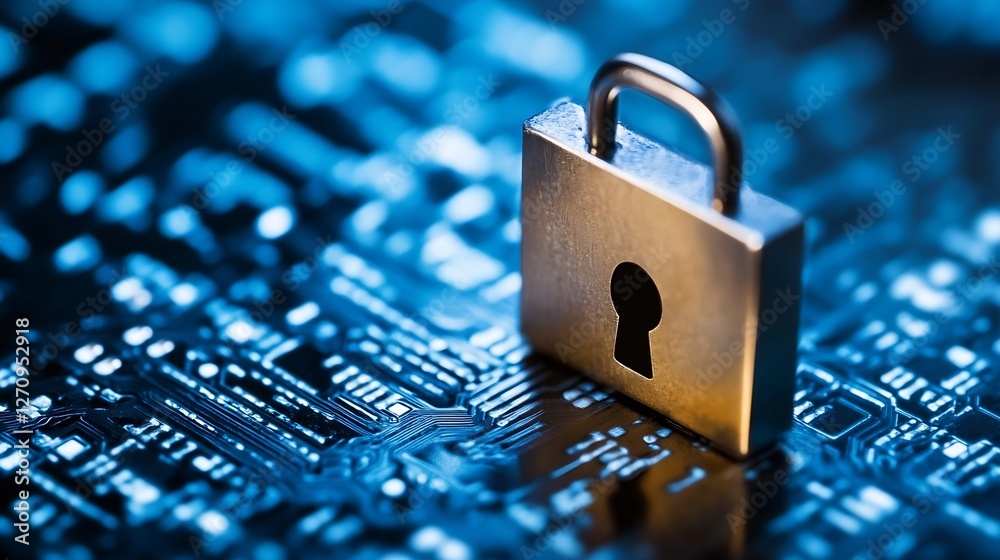 Fototapete Hightech metal padlock placed on a digital circuit board representing cybersecurity and data protection : Generative AI