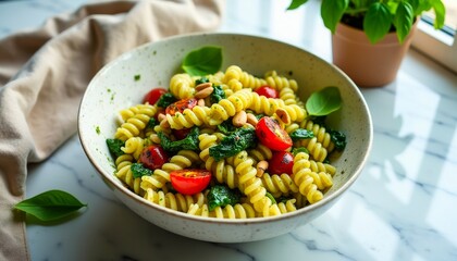Pasta salad in a bowl with spinach, tomatoes, and pine nuts, set on marble counter with basil plant in background on window sill.