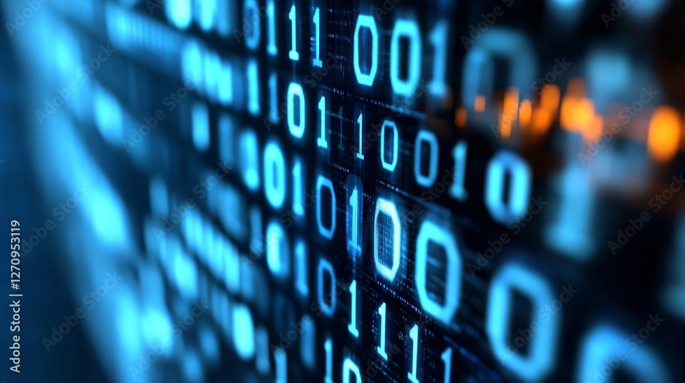 Fototapete Digital binary code flowing in a dark setting highlighting cybersecurity and data protection concepts : Generative AI