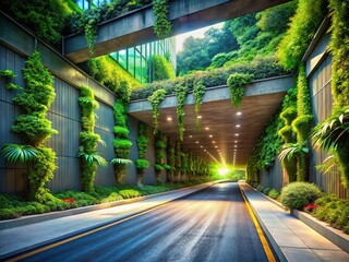 Naklejka premium Modern Underground Parking Garage Entrance with Lush Greenery and Natural Lighting