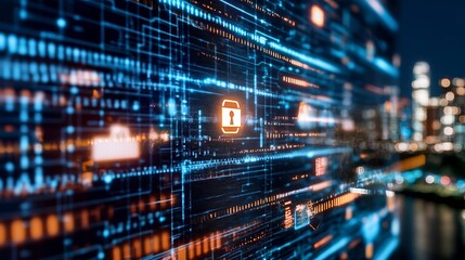 Naklejka premium Futuristic digital interface graphic showcasing a padlock symbolizing advanced cybersecurity protection systems : Generative AI