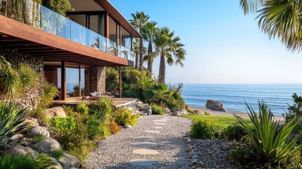 Modern Beachfront Villa with Stone Patio and Palm Trees