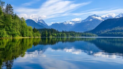 Picturesque mountain lake landscape reflecting blue skies and lush greenery in a tranquil setting : Generative AI