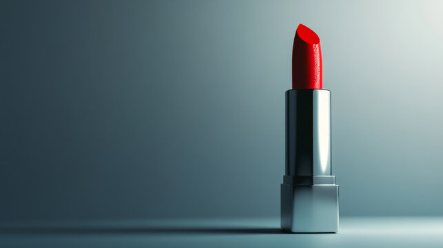 Classic Red Lipstick in Silver Case on Gray Background