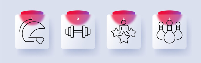 Sports and recreation set icon. Helmet, dumbbells, competition, bowling, fitness, exercise, safety, training, teamwork, sports entertainment, active lifestyle