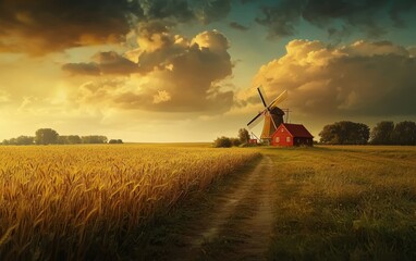 Fototapeta premium A serene farmland with a traditional windmill
