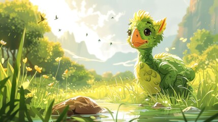 A whimsical green creature stands by a serene pond in a vibrant, sunlit landscape.