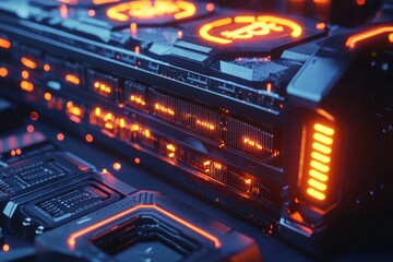 Obraz premium Futuristic cryptocurrency mining server with glowing Bitcoin symbols, complex circuitry, and abstract design elements, symbolizing digital finance and innovation.
