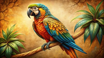 Fototapeta premium Realistic Vintage Parrot Drawing, Exotic Bird Art Illustration, Feathered Friend Print
