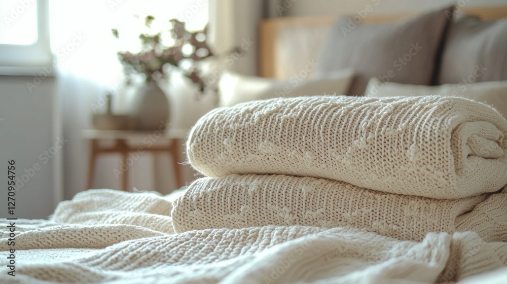 Aufkleber Nestled in a tranquil bedroom, soft folded blankets and plush pillows create an inviting atmosphere perfect for restful moments, showcasing cozy textiles bathed in warm light