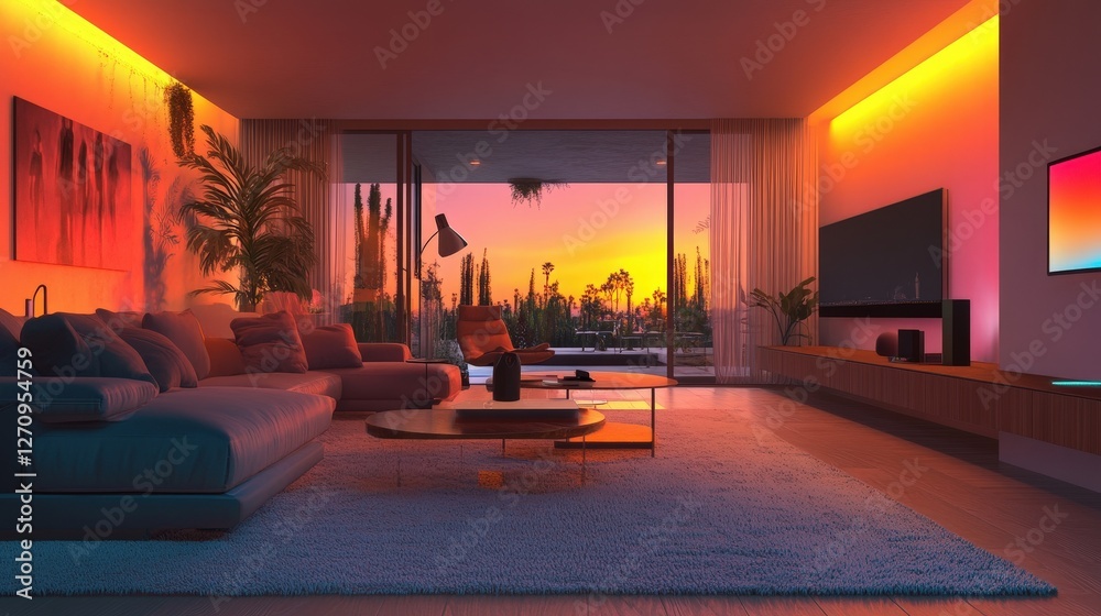 Poster a smart digital home controlled by a central ai system, where users adjust lighting, temperature, an