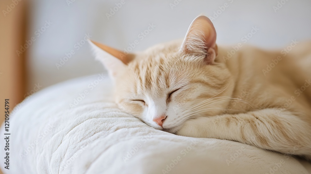Poster cozy sleeping orange cat resting peacefully on a soft couch in a bright indoor setting : generative 