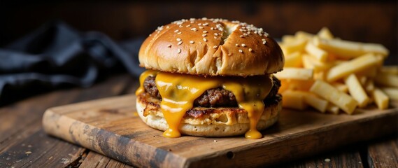 A mouthwatering cheeseburger with melted cheese oozing out sits on a rustic wooden board, accompanied by a side of crispy french fries, all set against a dark, cozy backdrop