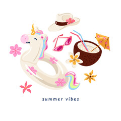 Summer vector illustration with unicorn floaty, exotic coconut cocktail and flowers.