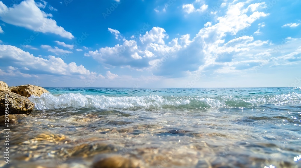Poster calm ocean waves gently lapping against pebbly shore under cloudy sky : generative ai