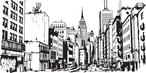 City landscape. Different buildings on street, outline cityscape hand sketch, flat houses. Hand drawn vector illustration