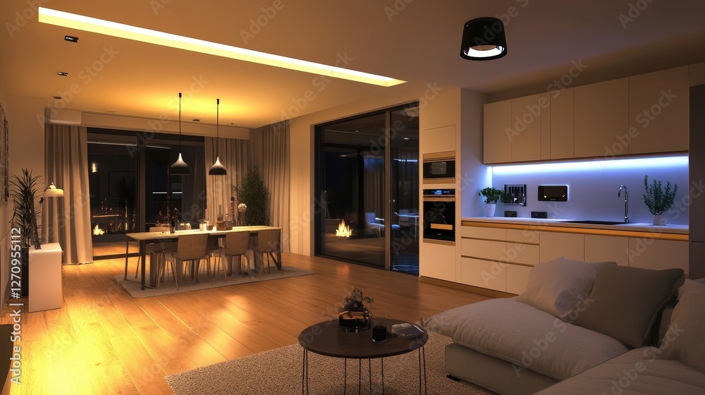 Poster a smart home controlled by ai, where lights, temperature, and appliances automatically adjust based 