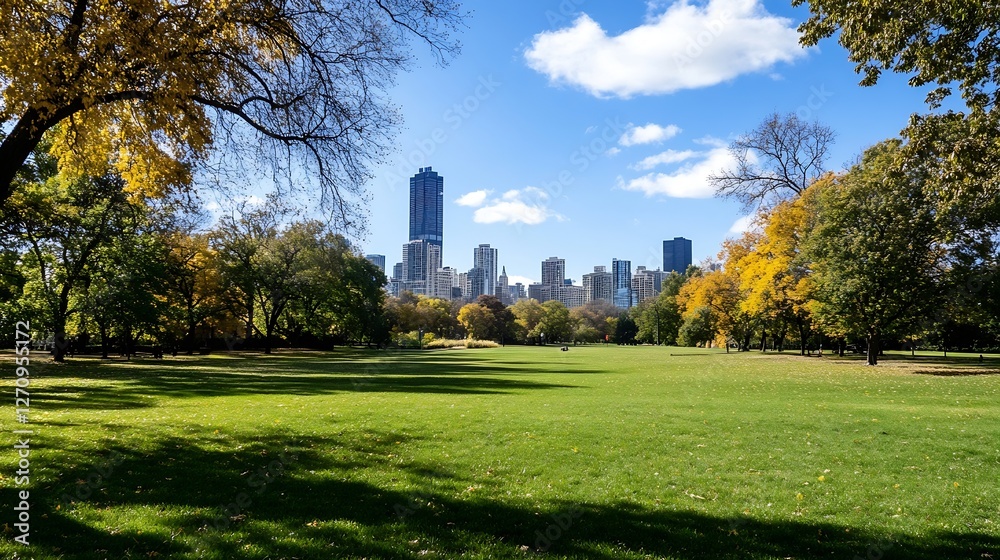 Poster stunning view of a vibrant park with lush green grass and autumn trees against a skyline backdrop in