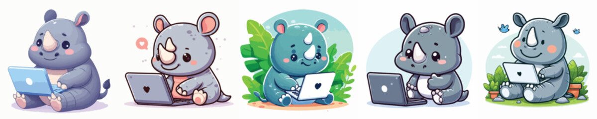 vector of rhino playing on laptop