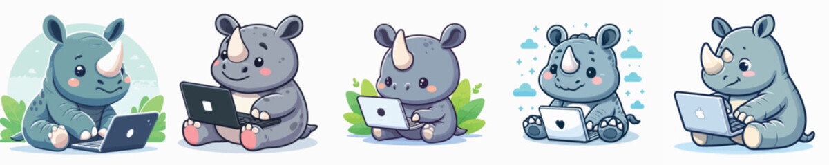 vector of rhino playing on laptop