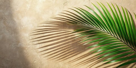 Fototapeta premium Serene Palm Leaf Shadow on Beige Concrete Wall - Relaxing Tropical Background