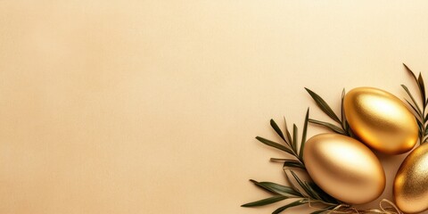 Elegant easter celebration with golden eggs and olive branches on beige background for festive design