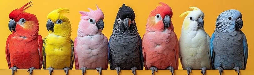 Obraz premium A large group of various exotic pet birds, featuring parrots, parakeets, and macaws arranged in a row, isolated on a white background