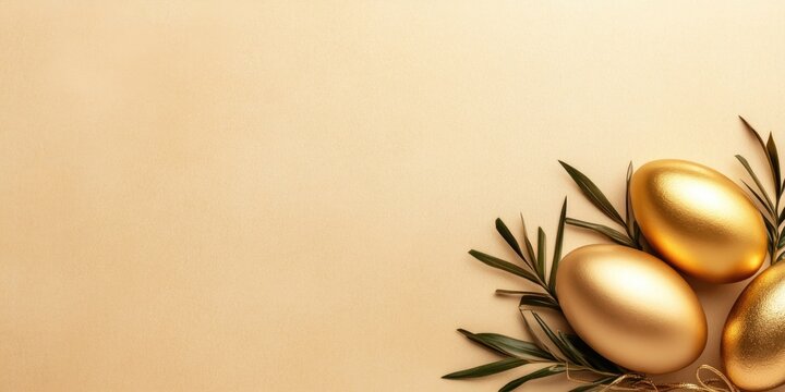 Elegant easter celebration with golden eggs and olive branches on beige background for festive design