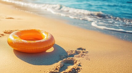 Obraz premium A close-up of a bright inflatable ring on the beach sand, with footprints in the soft sand leading toward the water
