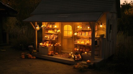 Nightfall autumn shop; candles, pumpkins, books