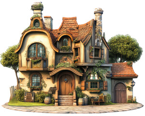 Fototapeta premium charming, whimsical house with thatched roof, surrounded by greenery and rustic decor. This picturesque cottage features wooden accents, stone details, and welcoming entrance