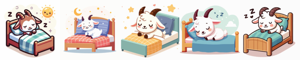 vector of cute goats sleeping on the bed