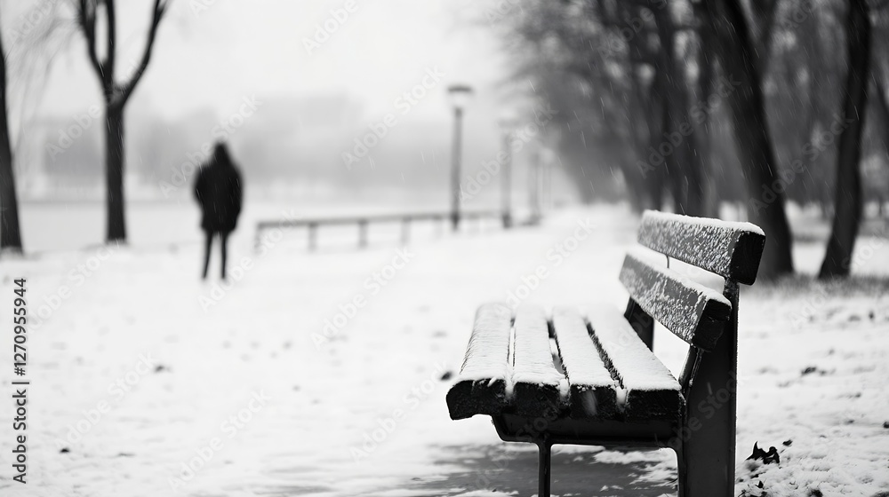 Aufkleber snowcovered bench in winter with blurred figure walking in a serene snowy scene : generative ai