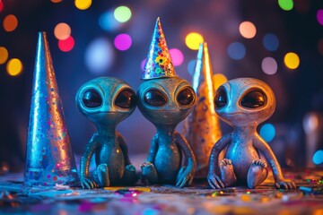Three playful aliens celebrate at a vibrant party under colorful lights and festive decorations