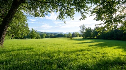 Obraz premium Expansive green meadow surrounded by trees and hills with a tranquil blue sky creating a peaceful retreat : Generative AI