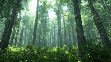 Fototapeta premium Sunlit Forest Path With Lush Green Trees And Mist