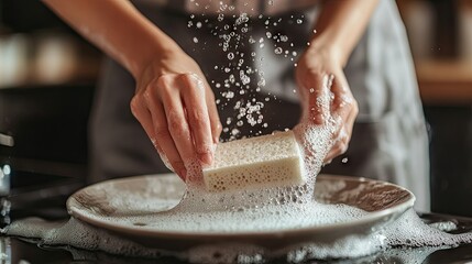 A close-up of a woman scrubbing a dirty ceramic plate with a sponge, the water filled with bubbles and a clean kitchen background