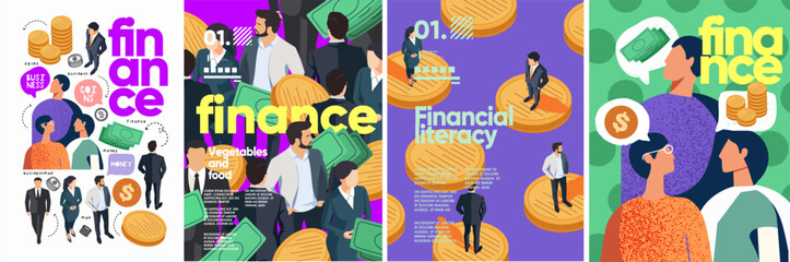 Finance and business. Vector creative abstract illustration of money, coins, financial literacy, people, businessman, man, bank, crypto for background