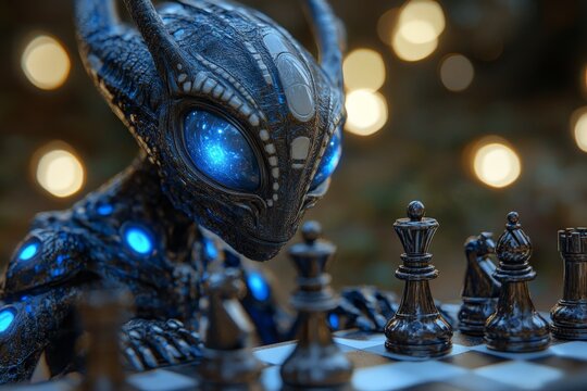 Alien creature engaging in an intense game of chess under ambient lights at night