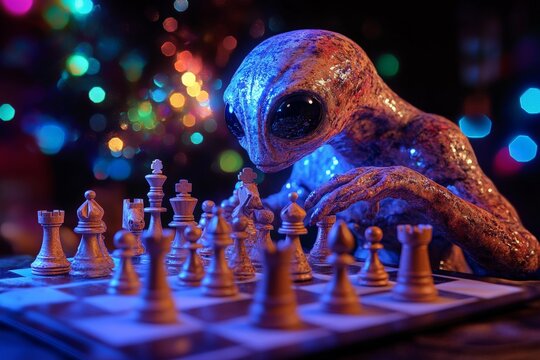 Chess match between an alien and a brilliant opponent under colorful lights in a vibrant setting