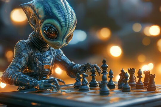 Alien creature engaged in an intense chess match in a blurred, futuristic setting with glowing lights